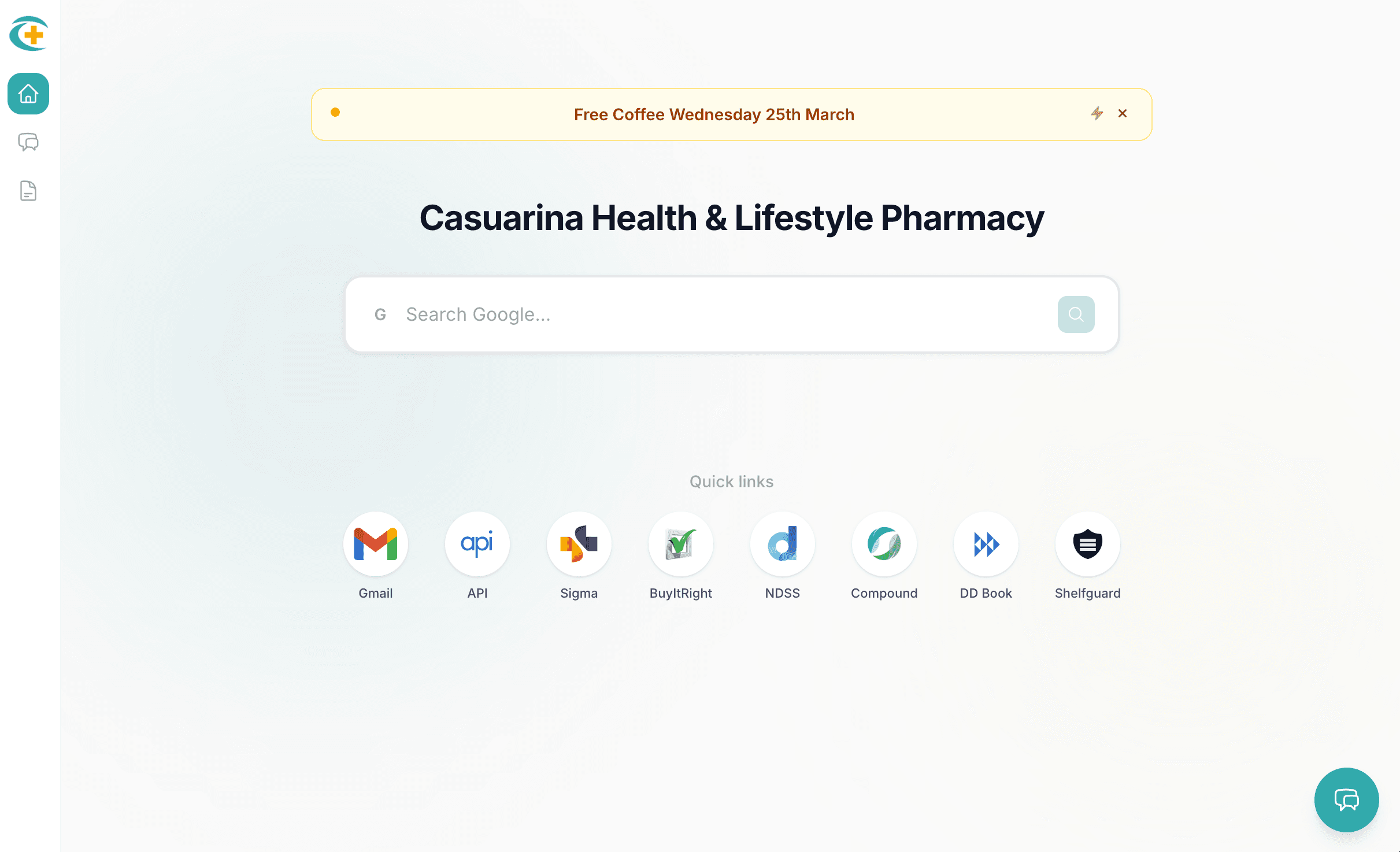 Pharmacy dashboard with quick links and search