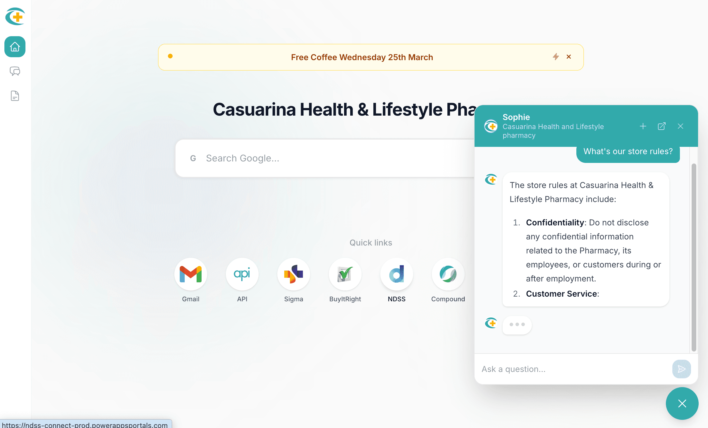 Same PharmStack dashboard with the Sophie assistant open, answering a question from store documents without leaving the page.
